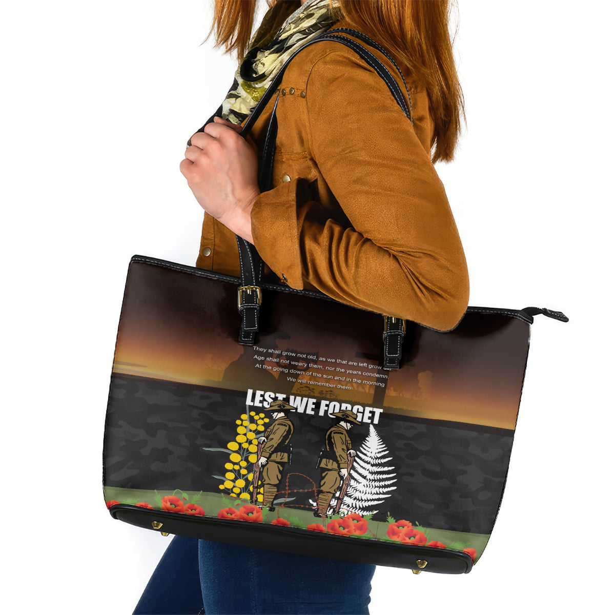 New Zealand and Australia ANZAC Day Leather Tote Bag Soldier and Last Post Camouflage Pattern LT03 Black - Polynesian Pride