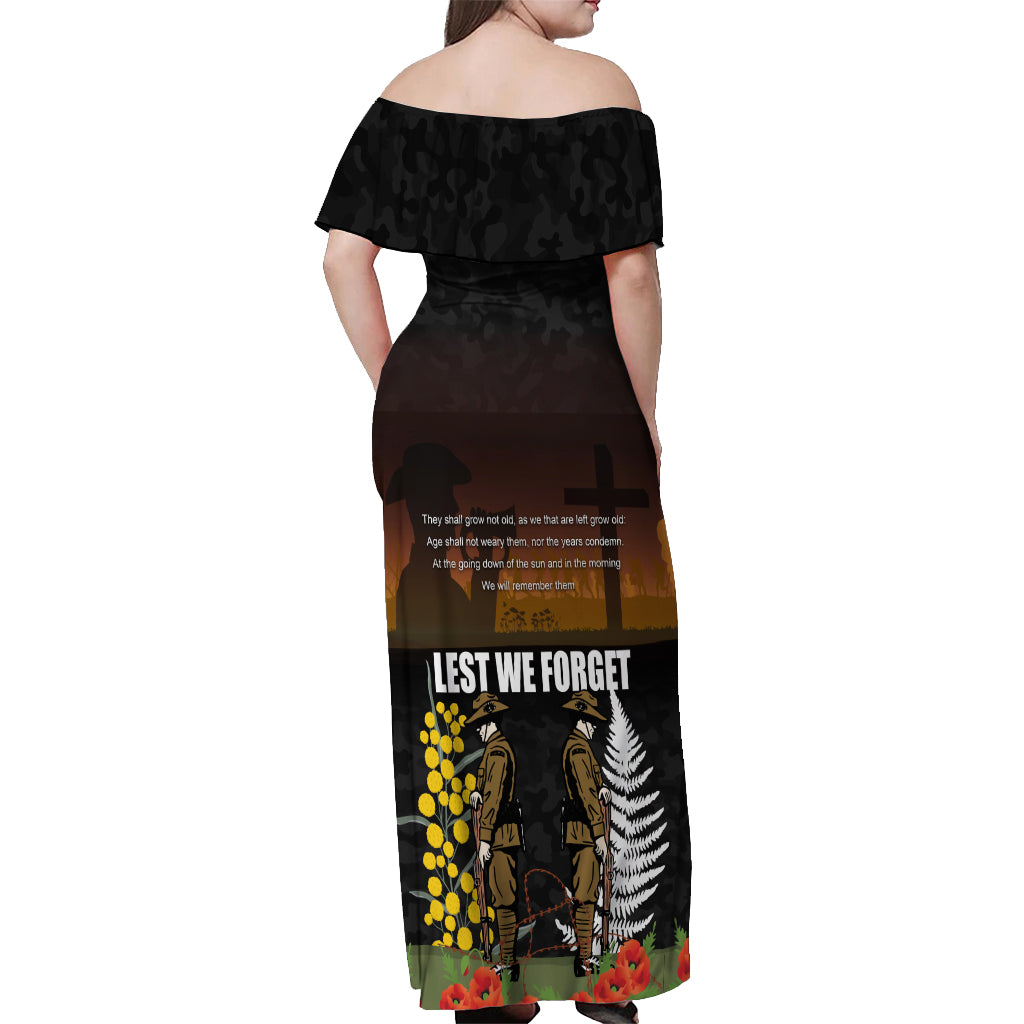 New Zealand and Australia ANZAC Day Off Shoulder Maxi Dress Soldier and Last Post Camouflage Pattern LT03 - Polynesian Pride