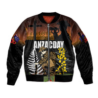 New Zealand and Australia ANZAC Day Sleeve Zip Bomber Jacket Soldier and Last Post Camouflage Pattern LT03 Unisex Black - Polynesian Pride
