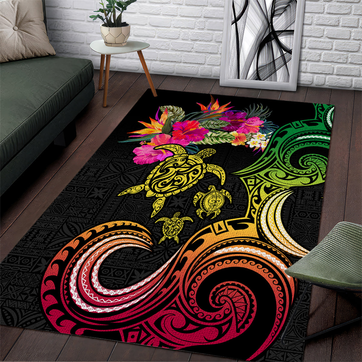 Hawaii Turtle Day Area Rug Polynesian Tattoo and Hibiscus Flowers