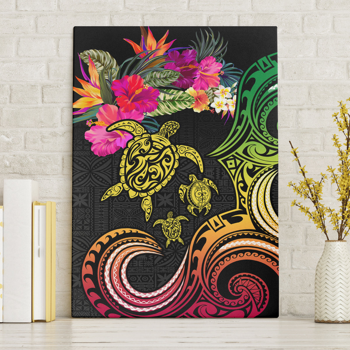 Hawaii Turtle Day Canvas Wall Art Polynesian Tattoo and Hibiscus Flowers