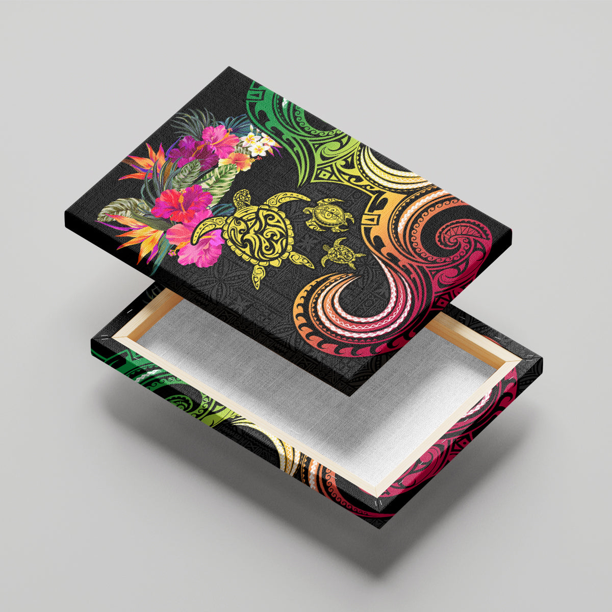 Hawaii Turtle Day Canvas Wall Art Polynesian Tattoo and Hibiscus Flowers