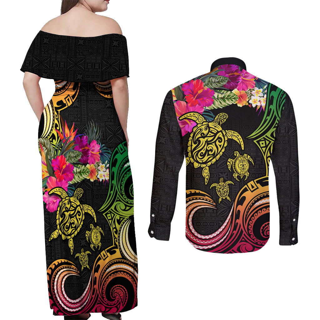 Hawaii Turtle Day Couples Matching Off Shoulder Maxi Dress and Long Sleeve Button Shirt Polynesian Tattoo and Hibiscus Flowers