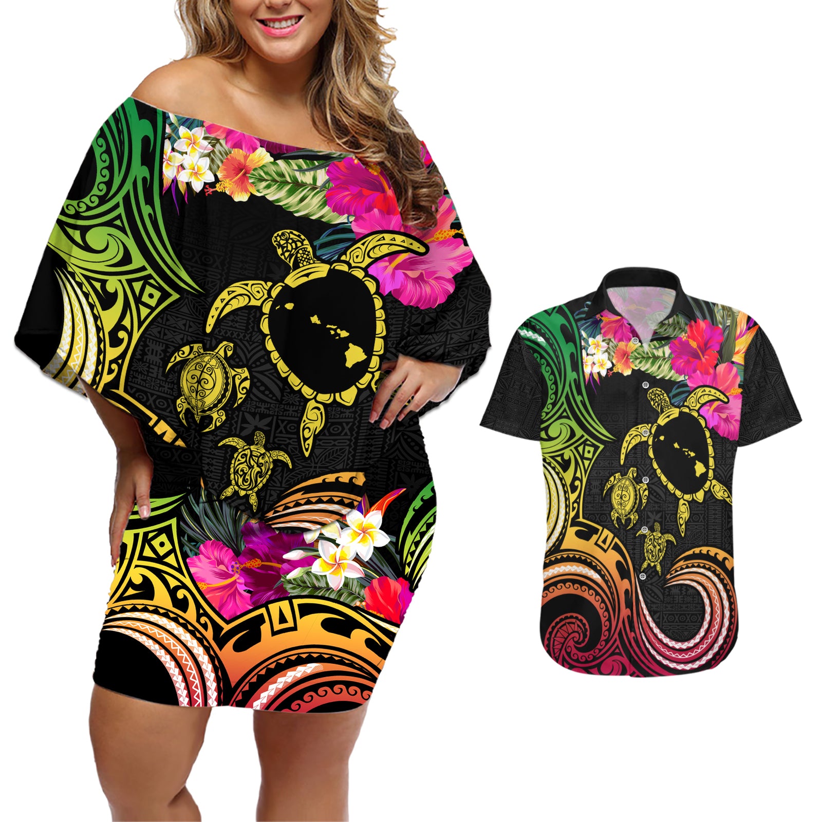 Hawaii Turtle Day Couples Matching Off Shoulder Short Dress and Hawaiian Shirt Polynesian Tattoo and Hibiscus Flowers