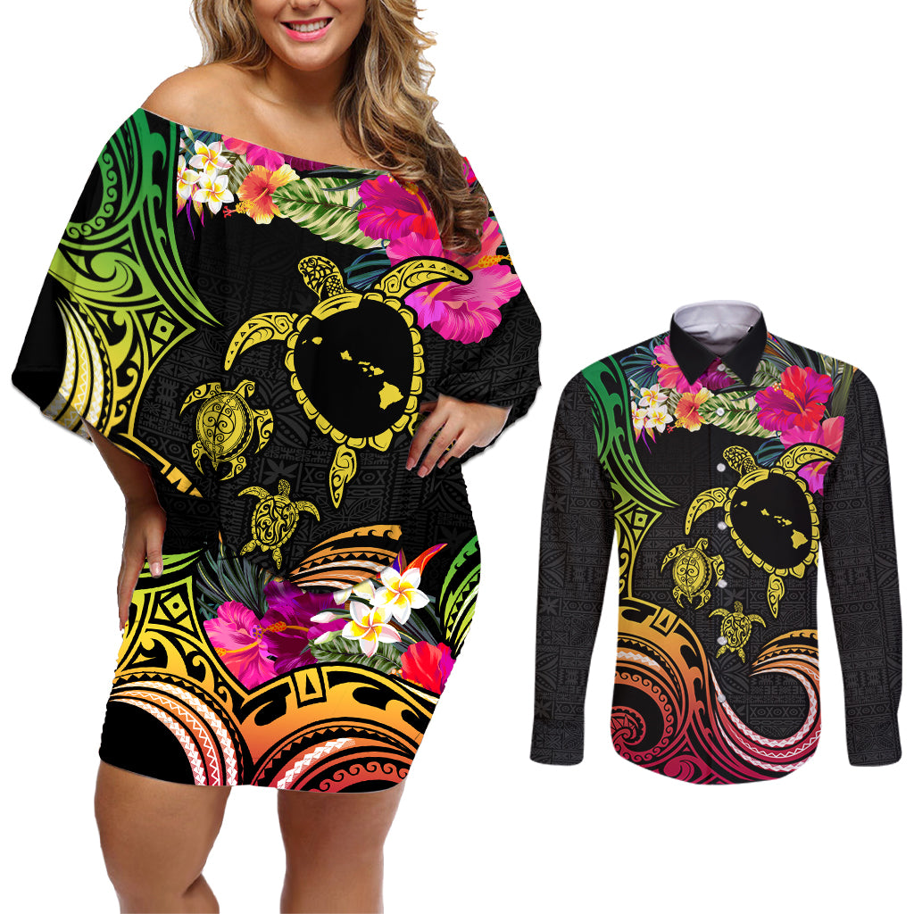Hawaii Turtle Day Couples Matching Off Shoulder Short Dress and Long Sleeve Button Shirt Polynesian Tattoo and Hibiscus Flowers