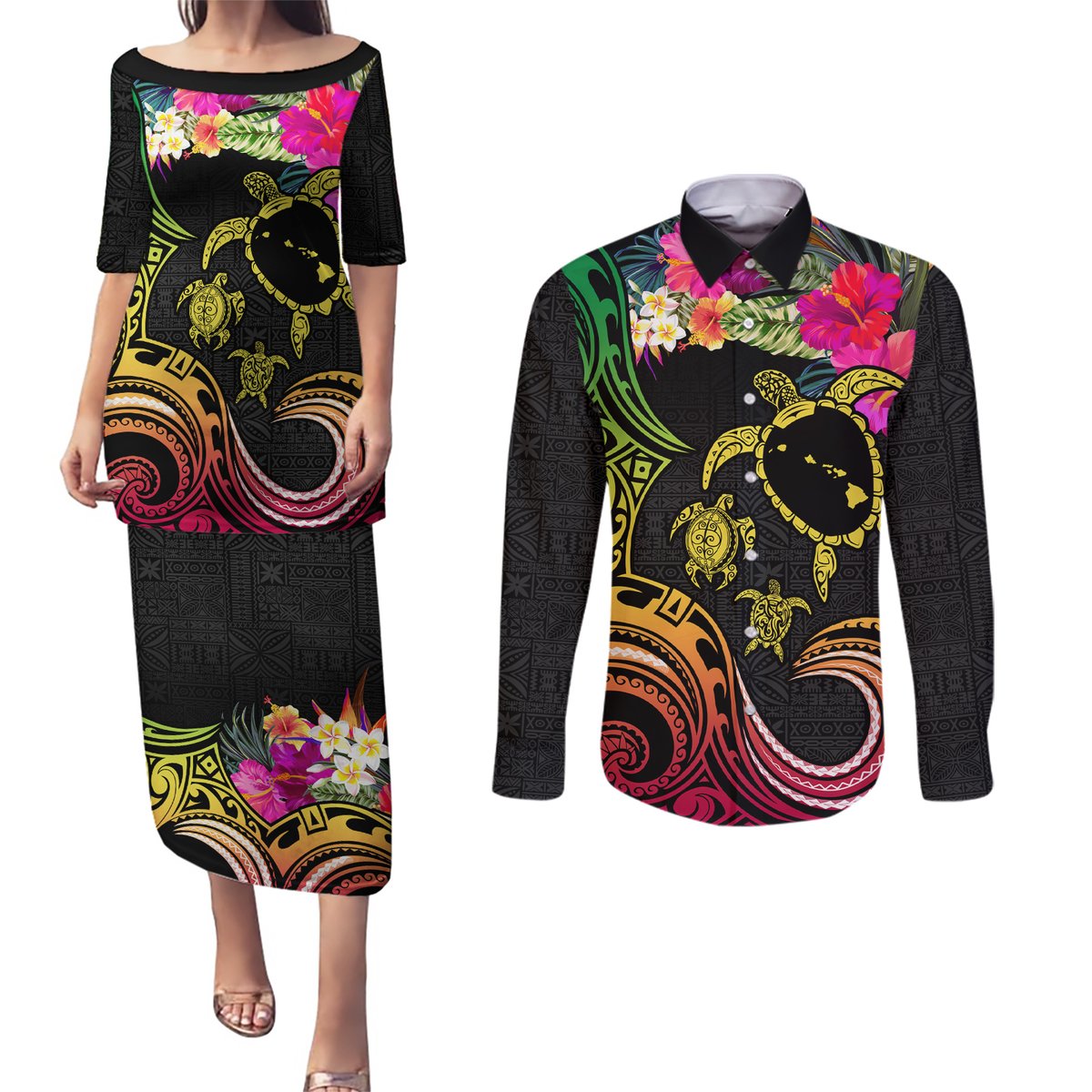 Hawaii Turtle Day Couples Matching Puletasi and Long Sleeve Button Shirt Polynesian Tattoo and Hibiscus Flowers