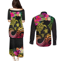 Hawaii Turtle Day Couples Matching Puletasi and Long Sleeve Button Shirt Polynesian Tattoo and Hibiscus Flowers