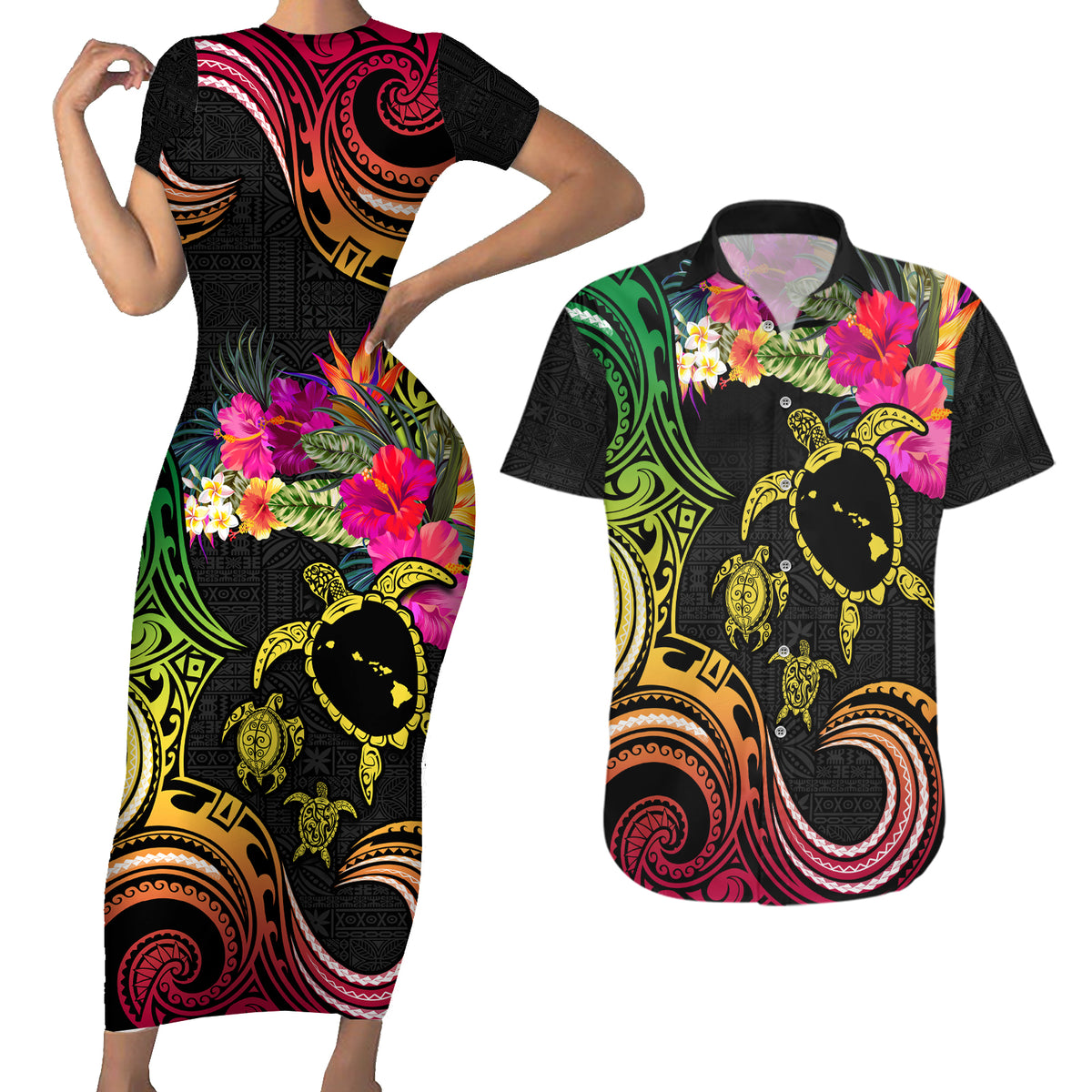 Hawaii Turtle Day Couples Matching Short Sleeve Bodycon Dress and Hawaiian Shirt Polynesian Tattoo and Hibiscus Flowers LT03 Black - Polynesian Pride