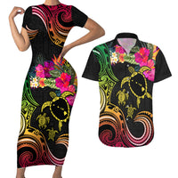 Hawaii Turtle Day Couples Matching Short Sleeve Bodycon Dress and Hawaiian Shirt Polynesian Tattoo and Hibiscus Flowers LT03 Black - Polynesian Pride