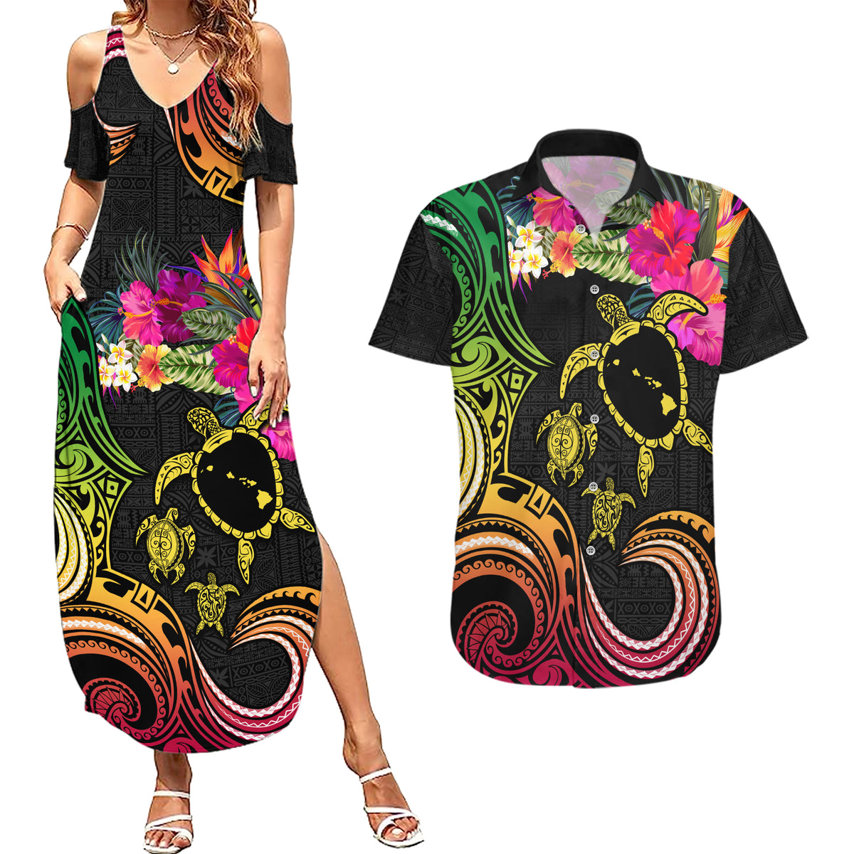 Hawaii Turtle Day Couples Matching Summer Maxi Dress and Hawaiian Shirt Polynesian Tattoo and Hibiscus Flowers