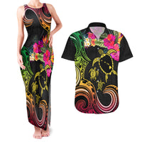Hawaii Turtle Day Couples Matching Tank Maxi Dress and Hawaiian Shirt Polynesian Tattoo and Hibiscus Flowers