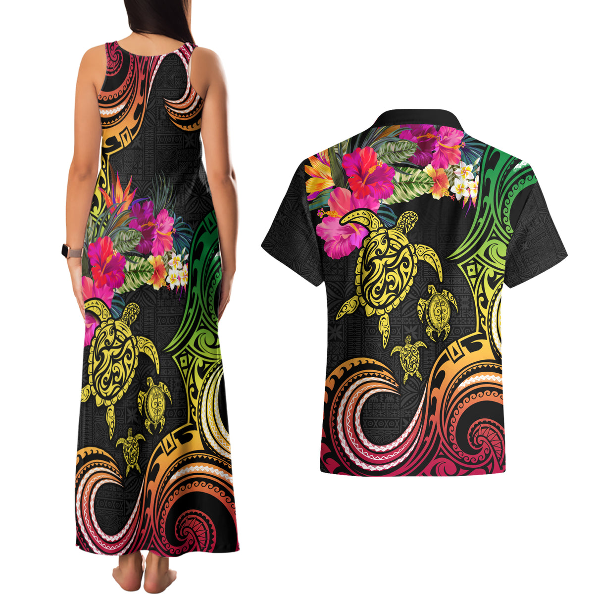 Hawaii Turtle Day Couples Matching Tank Maxi Dress and Hawaiian Shirt Polynesian Tattoo and Hibiscus Flowers