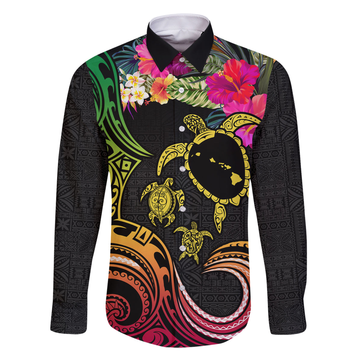 Hawaii Turtle Day Family Matching Off Shoulder Short Dress and Hawaiian Shirt Polynesian Tattoo and Hibiscus Flowers