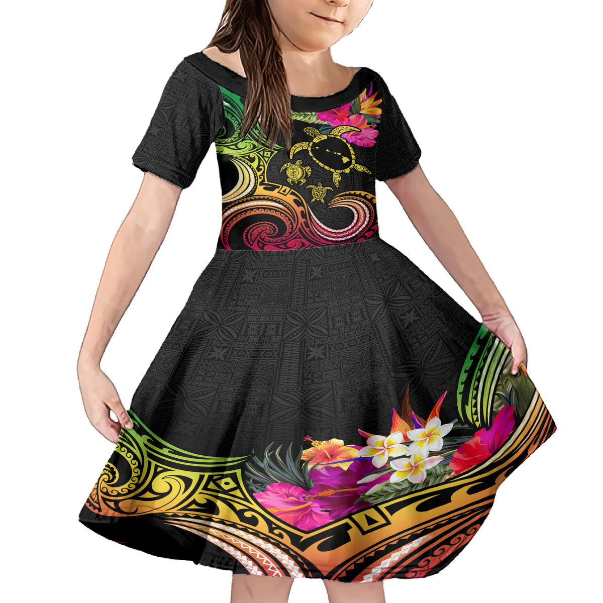 Hawaii Turtle Day Family Matching Short Sleeve Bodycon Dress and Hawaiian Shirt Polynesian Tattoo and Hibiscus Flowers