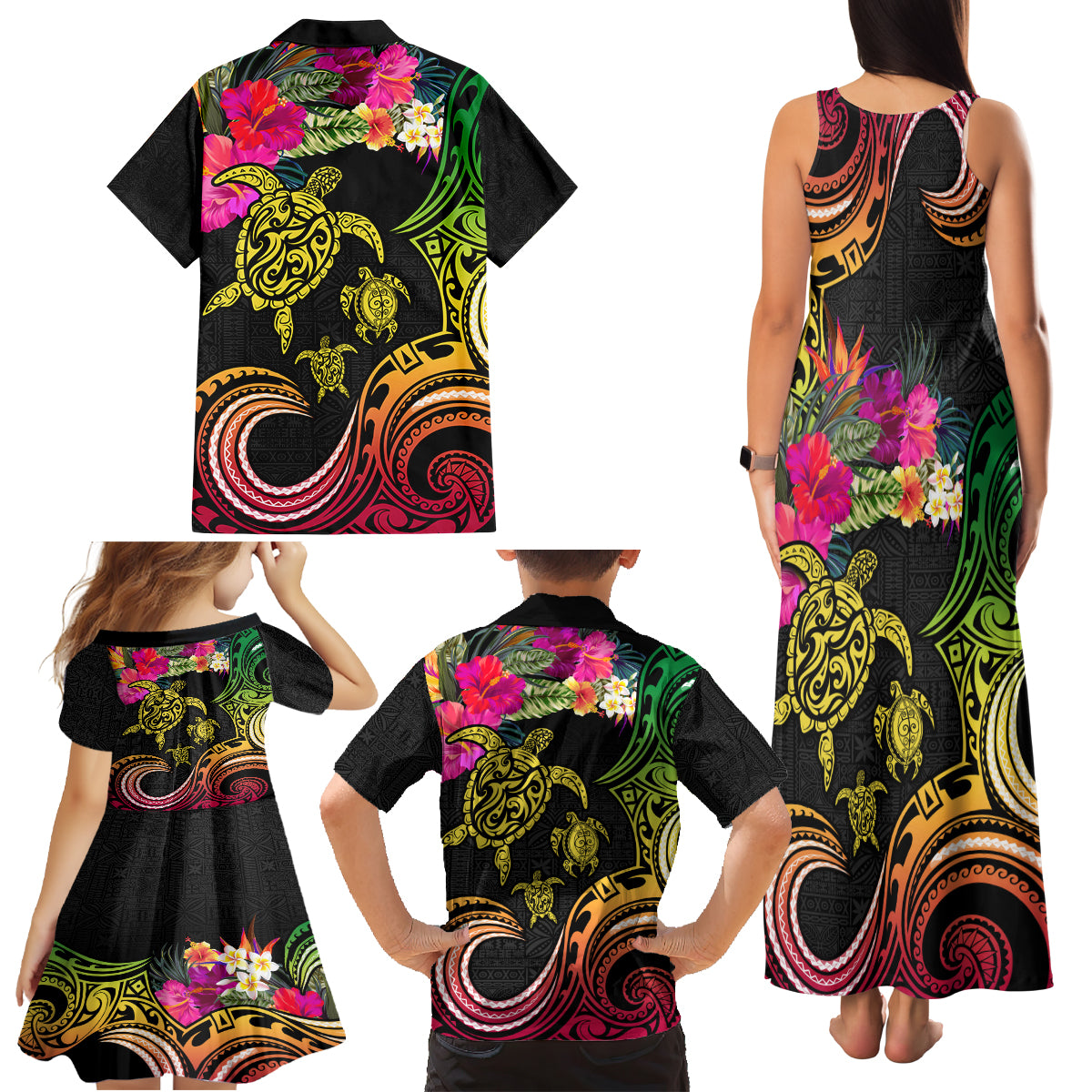 Hawaii Turtle Day Family Matching Tank Maxi Dress and Hawaiian Shirt Polynesian Tattoo and Hibiscus Flowers