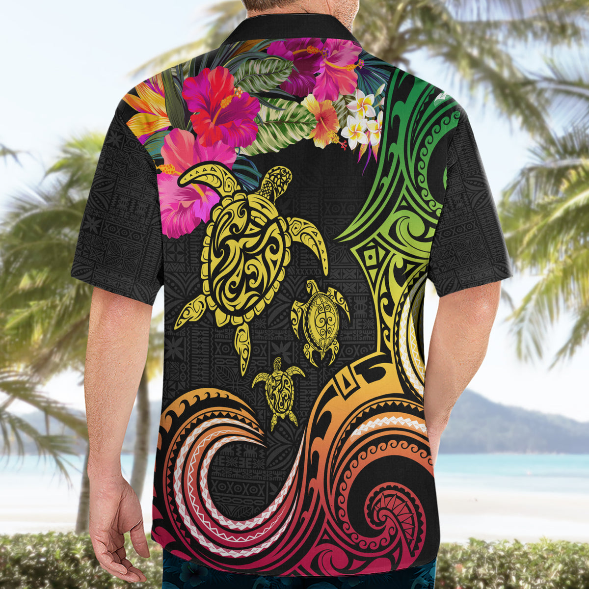 Hawaii Turtle Day Hawaiian Shirt Polynesian Tattoo and Hibiscus Flowers