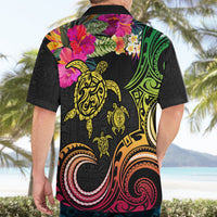 Hawaii Turtle Day Hawaiian Shirt Polynesian Tattoo and Hibiscus Flowers