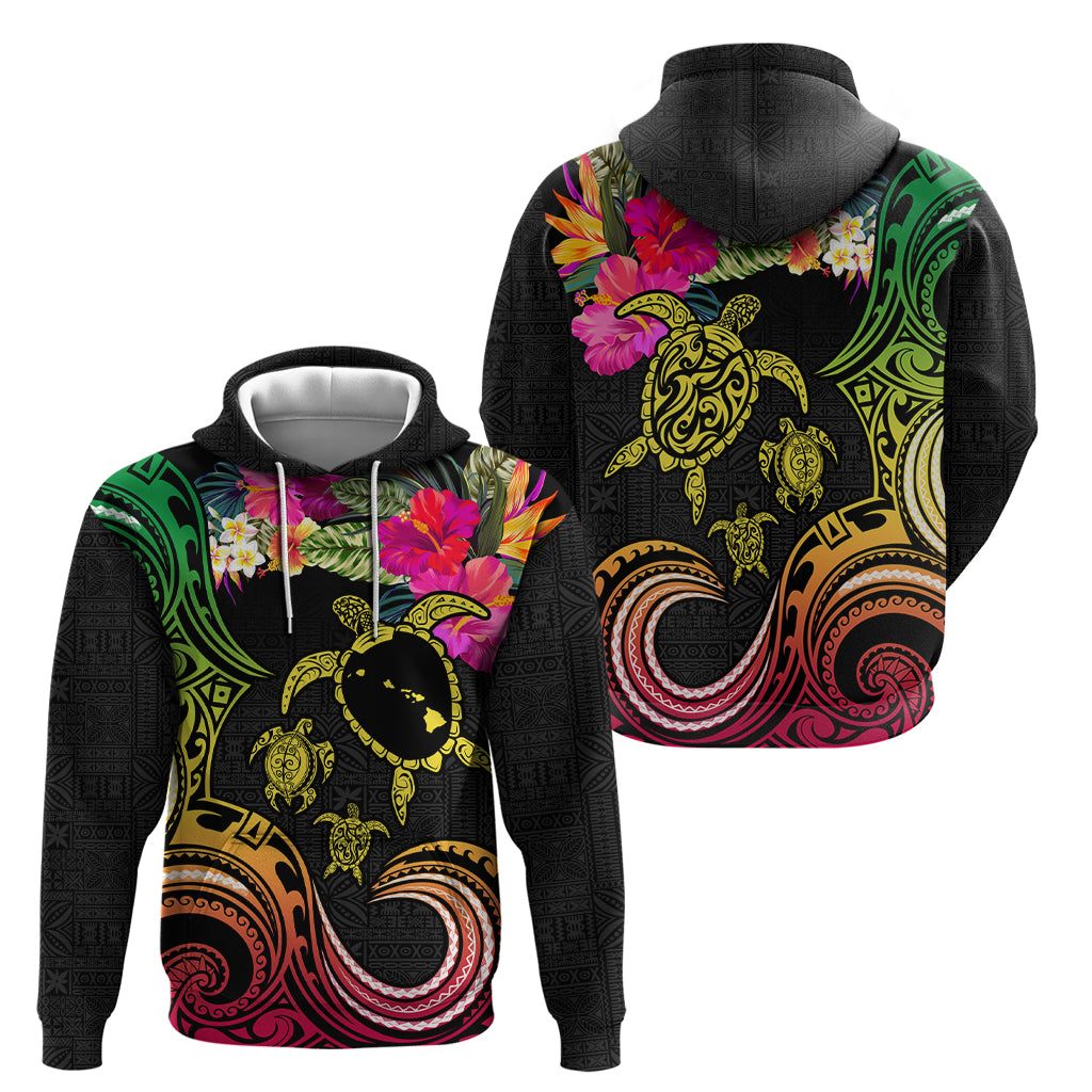 Hawaii Turtle Day Hoodie Polynesian Tattoo and Hibiscus Flowers