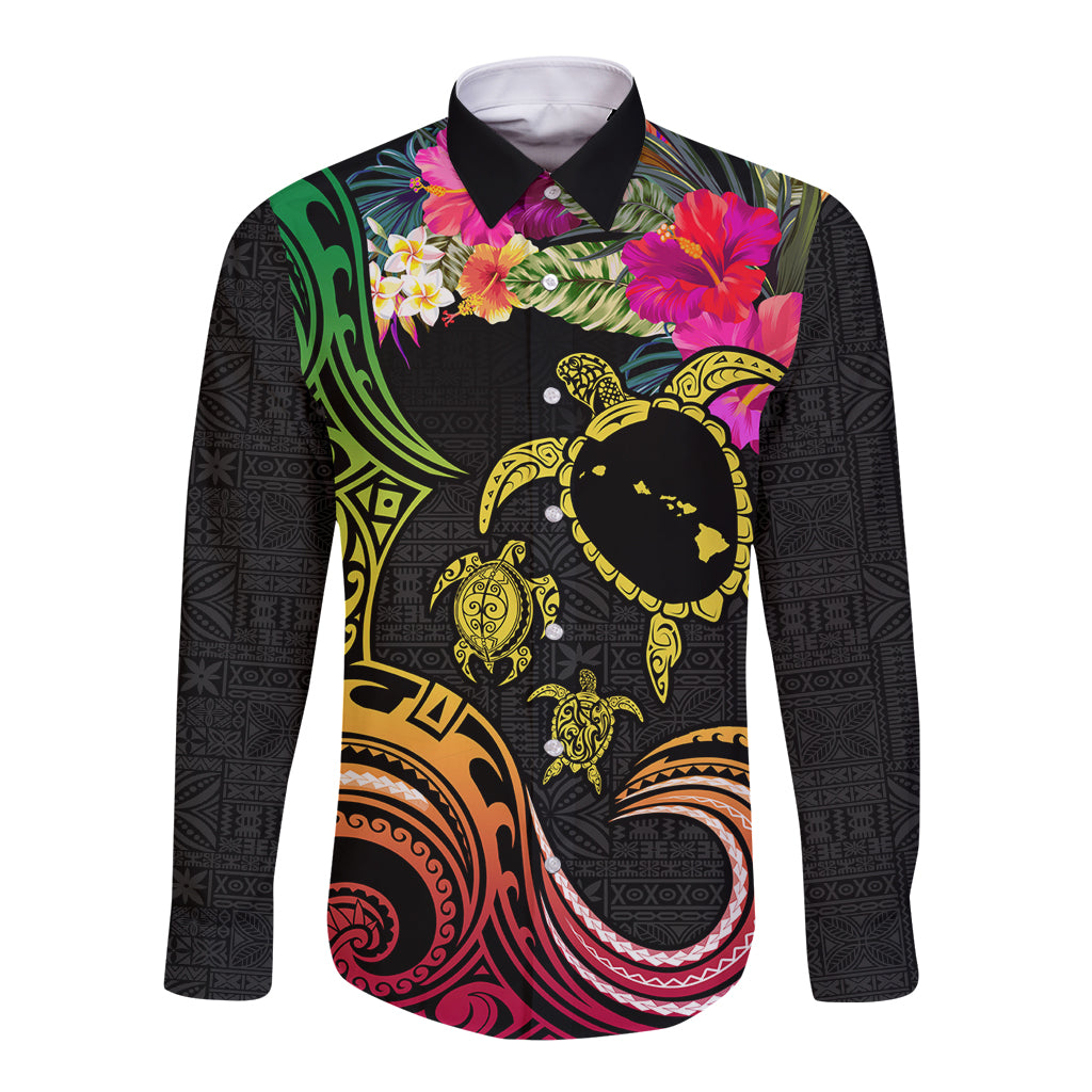 Hawaii Turtle Day Long Sleeve Button Shirt Polynesian Tattoo and Hibiscus Flowers