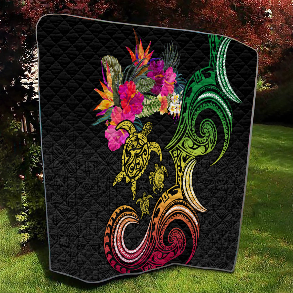 Hawaii Turtle Day Quilt Polynesian Tattoo and Hibiscus Flowers