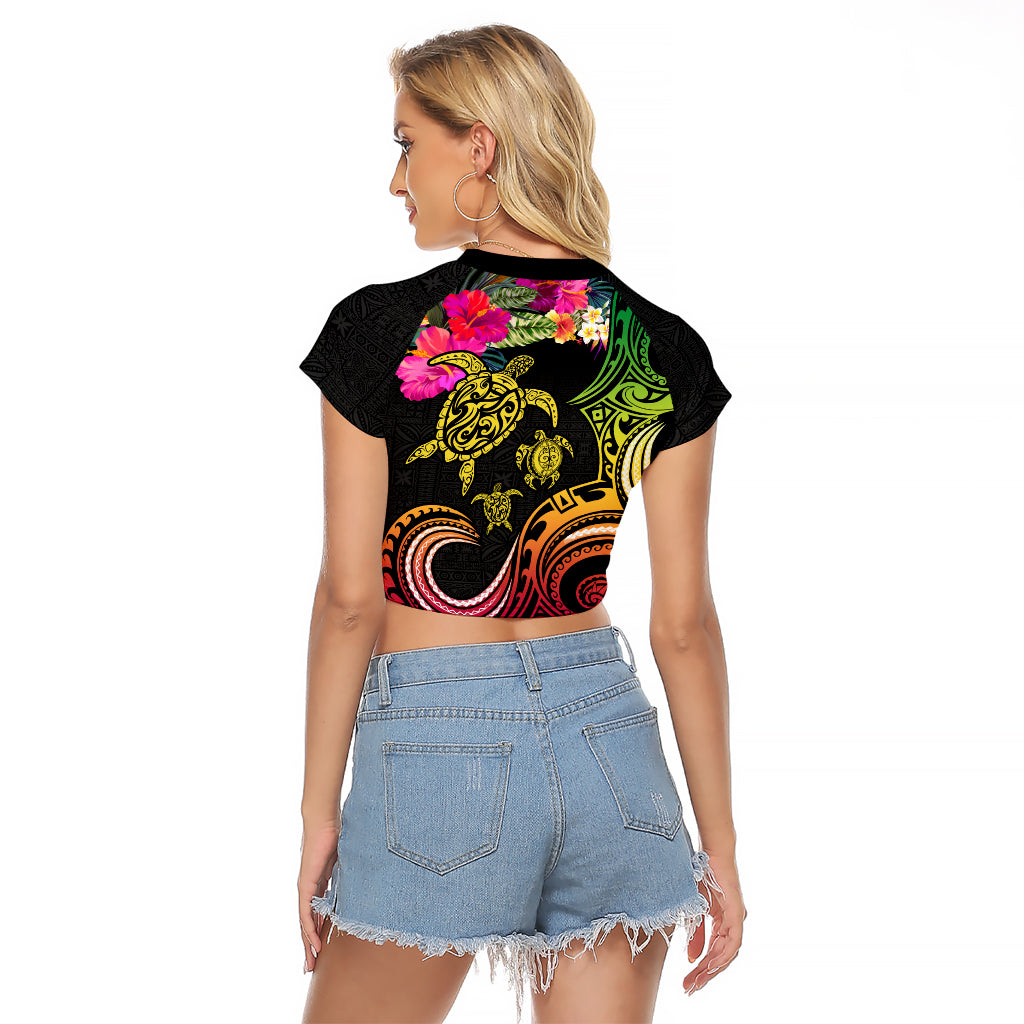 Hawaii Turtle Day Raglan Cropped T Shirt Polynesian Tattoo and Hibiscus Flowers