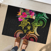 Hawaii Turtle Day Rubber Doormat Polynesian Tattoo and Hibiscus Flowers