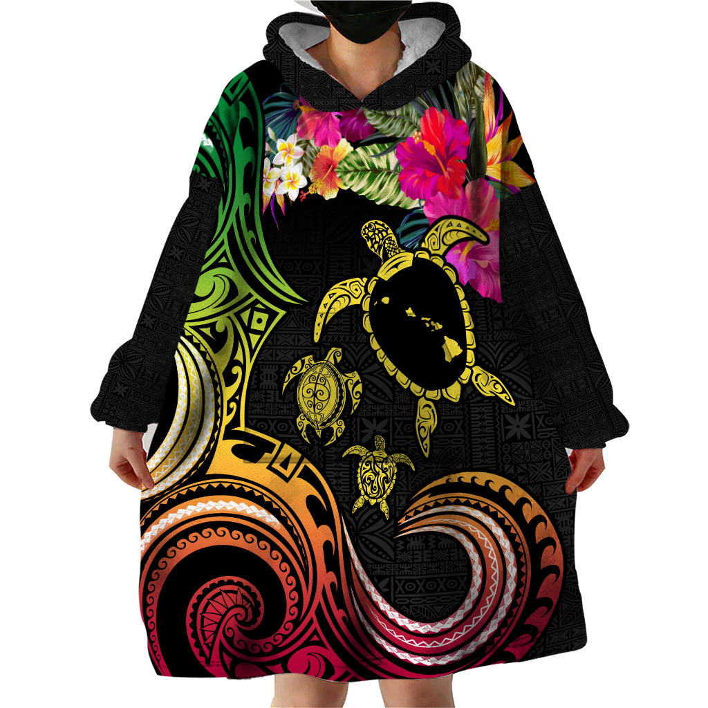 Hawaii Turtle Day Wearable Blanket Hoodie Polynesian Tattoo and Hibiscus Flowers