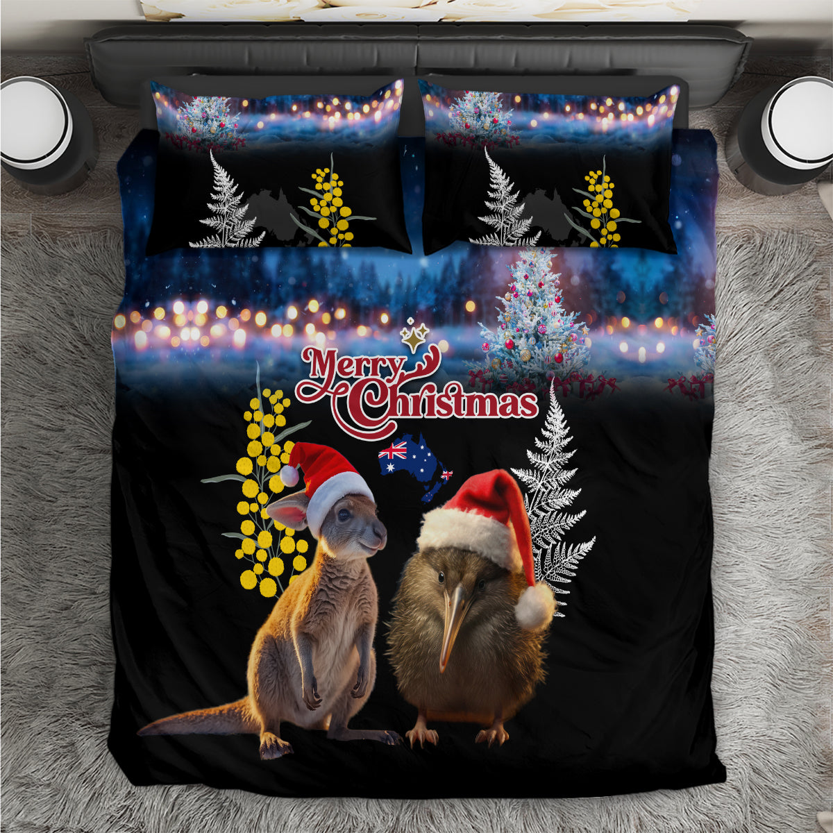 New Zealand and Australia Merry Christmas Bedding Set Kiwi Bird and Kangaroo Xmas Vibe