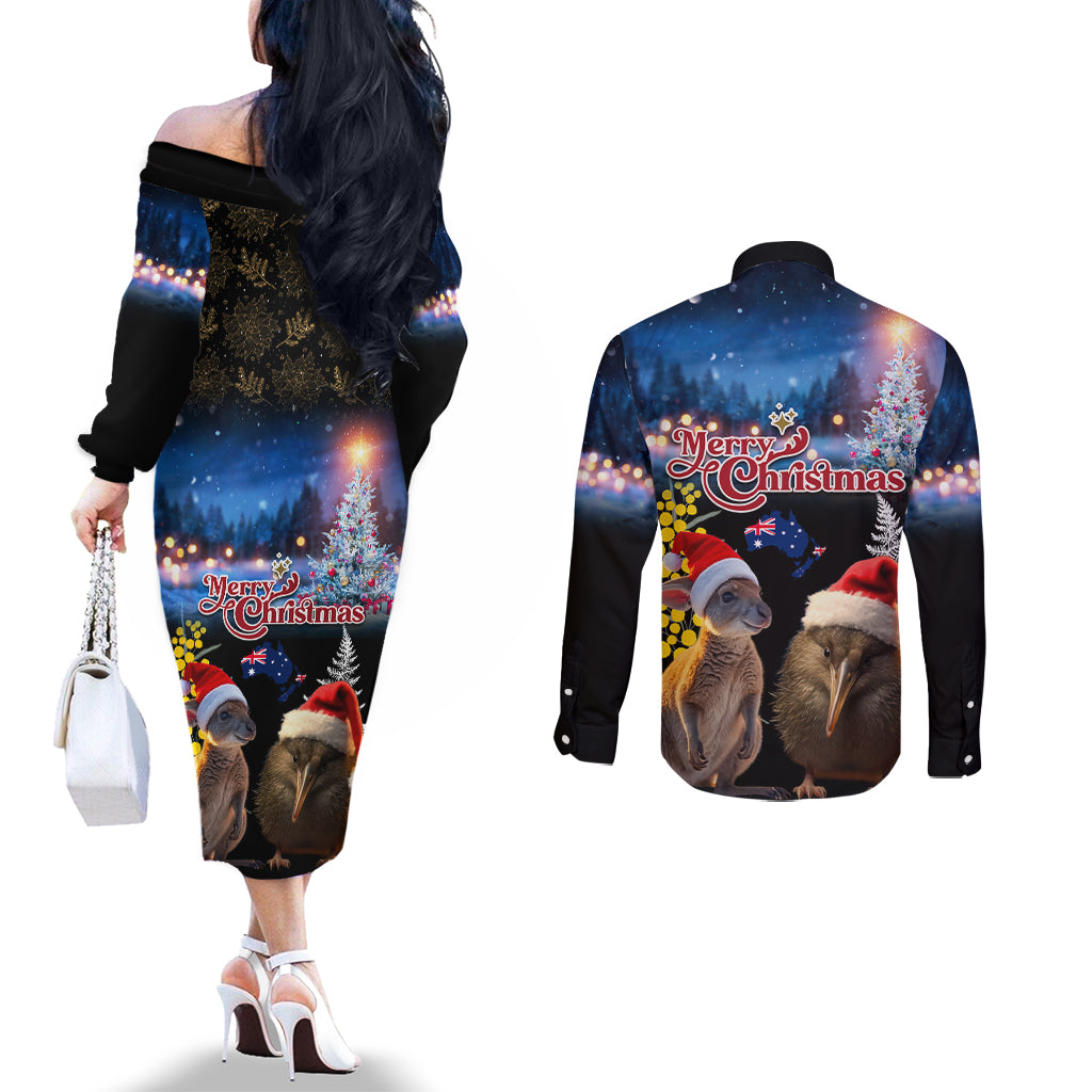 New Zealand and Australia Merry Christmas Couples Matching Off The Shoulder Long Sleeve Dress and Long Sleeve Button Shirt Kiwi Bird and Kangaroo Xmas Vibe LT03 - Polynesian Pride
