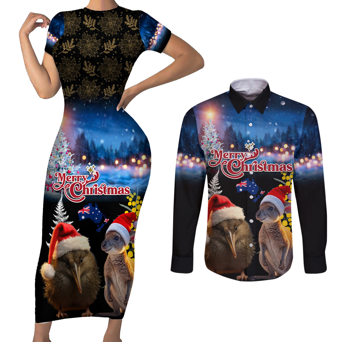 New Zealand and Australia Merry Christmas Couples Matching Short Sleeve Bodycon Dress and Long Sleeve Button Shirt Kiwi Bird and Kangaroo Xmas Vibe LT03 Black - Polynesian Pride