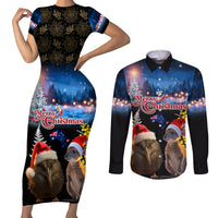 New Zealand and Australia Merry Christmas Couples Matching Short Sleeve Bodycon Dress and Long Sleeve Button Shirt Kiwi Bird and Kangaroo Xmas Vibe LT03 Black - Polynesian Pride