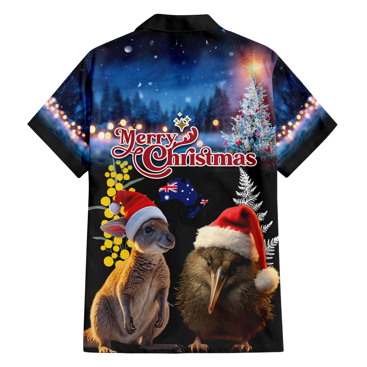 New Zealand and Australia Merry Christmas Family Matching Off The Shoulder Long Sleeve Dress and Hawaiian Shirt Kiwi Bird and Kangaroo Xmas Vibe
