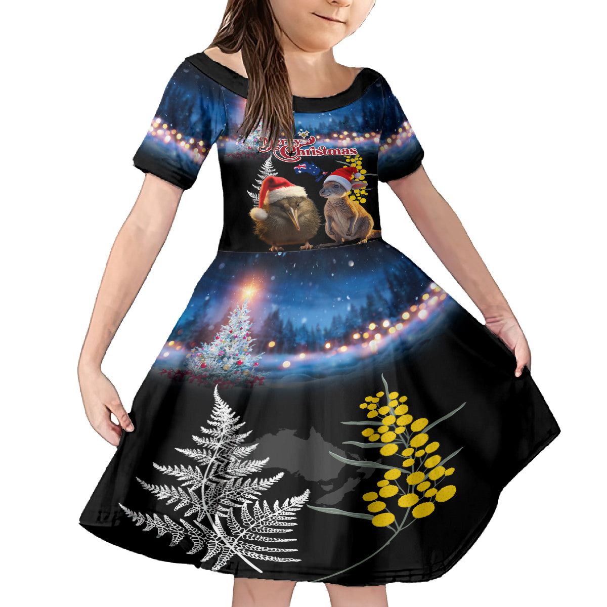 New Zealand and Australia Merry Christmas Family Matching Puletasi and Hawaiian Shirt Kiwi Bird and Kangaroo Xmas Vibe LT03 Daughter's Dress Black - Polynesian Pride