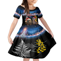 New Zealand and Australia Merry Christmas Family Matching Puletasi and Hawaiian Shirt Kiwi Bird and Kangaroo Xmas Vibe LT03 Daughter's Dress Black - Polynesian Pride