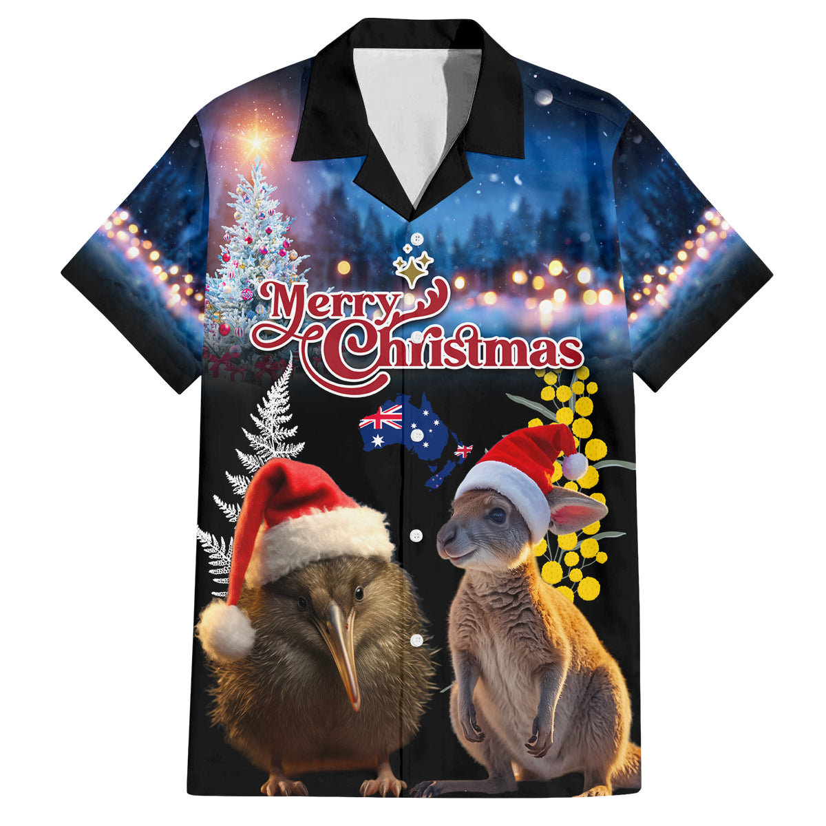 New Zealand and Australia Merry Christmas Family Matching Puletasi and Hawaiian Shirt Kiwi Bird and Kangaroo Xmas Vibe LT03 Dad's Shirt - Short Sleeve Black - Polynesian Pride