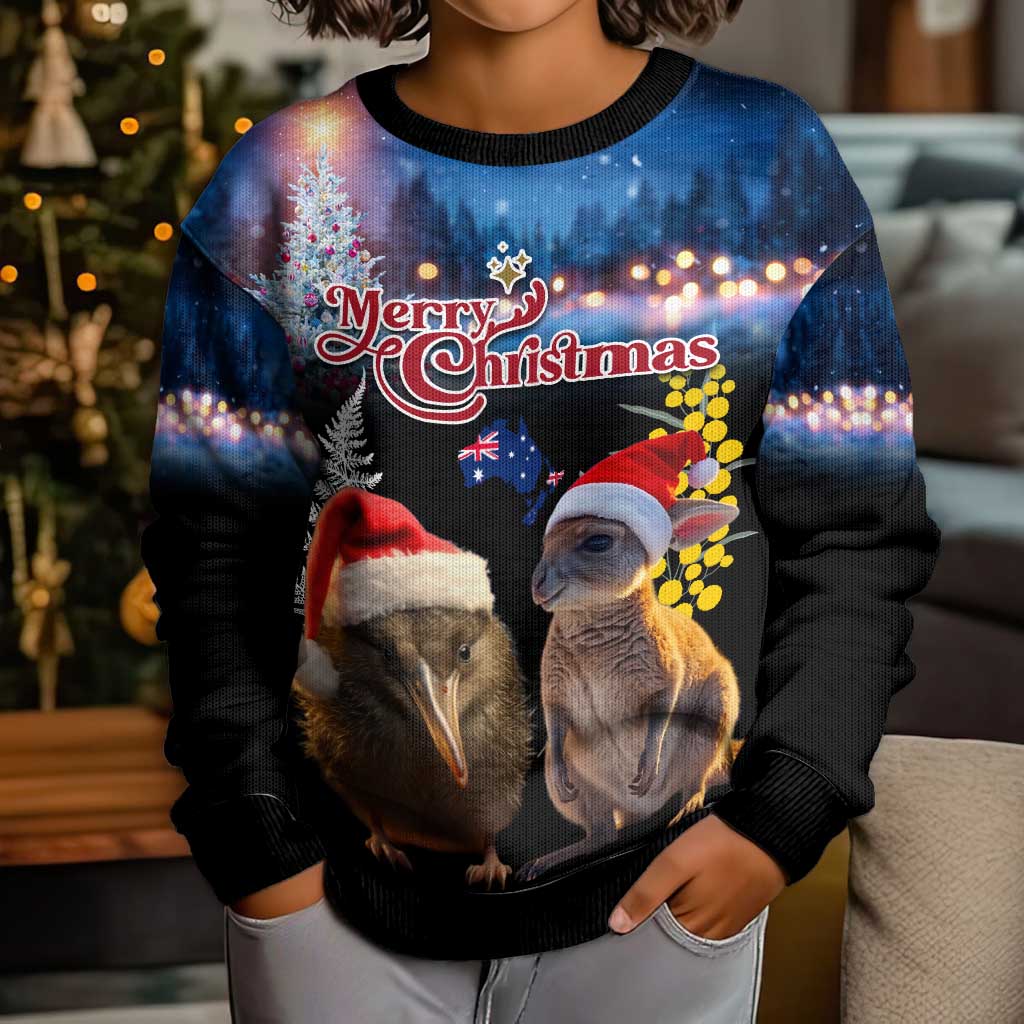 New Zealand and Australia Merry Christmas Kid Ugly Christmas Sweater Kiwi Bird and Kangaroo Xmas Vibe