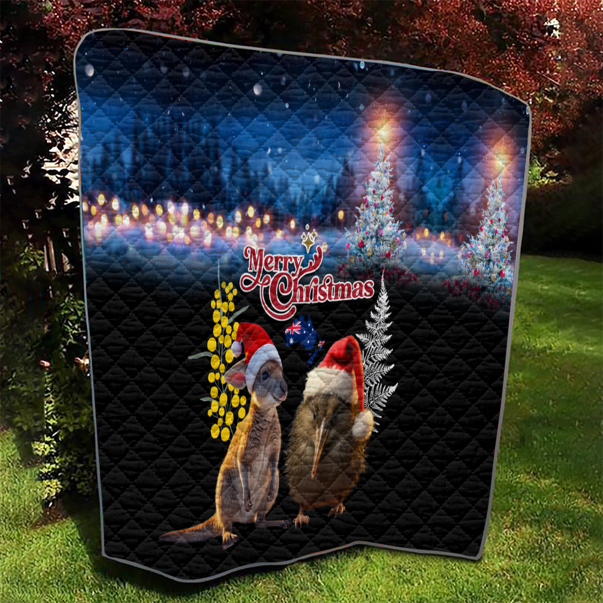 New Zealand and Australia Merry Christmas Quilt Kiwi Bird and Kangaroo Xmas Vibe