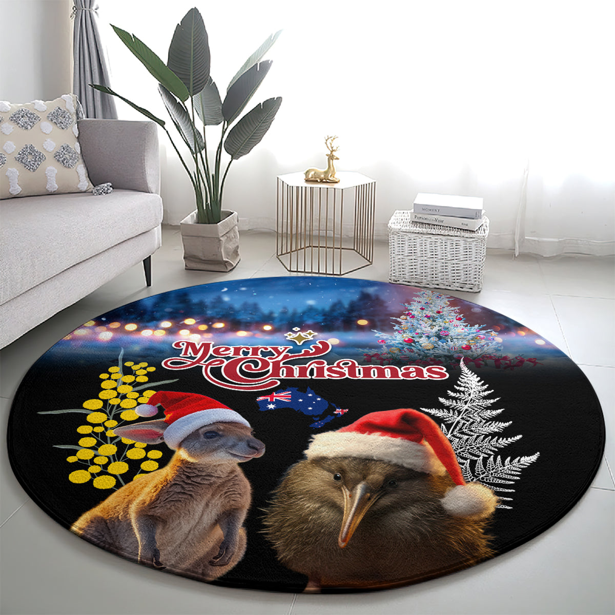 New Zealand and Australia Merry Christmas Round Carpet Kiwi Bird and Kangaroo Xmas Vibe