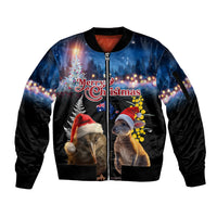 New Zealand and Australia Merry Christmas Sleeve Zip Bomber Jacket Kiwi Bird and Kangaroo Xmas Vibe