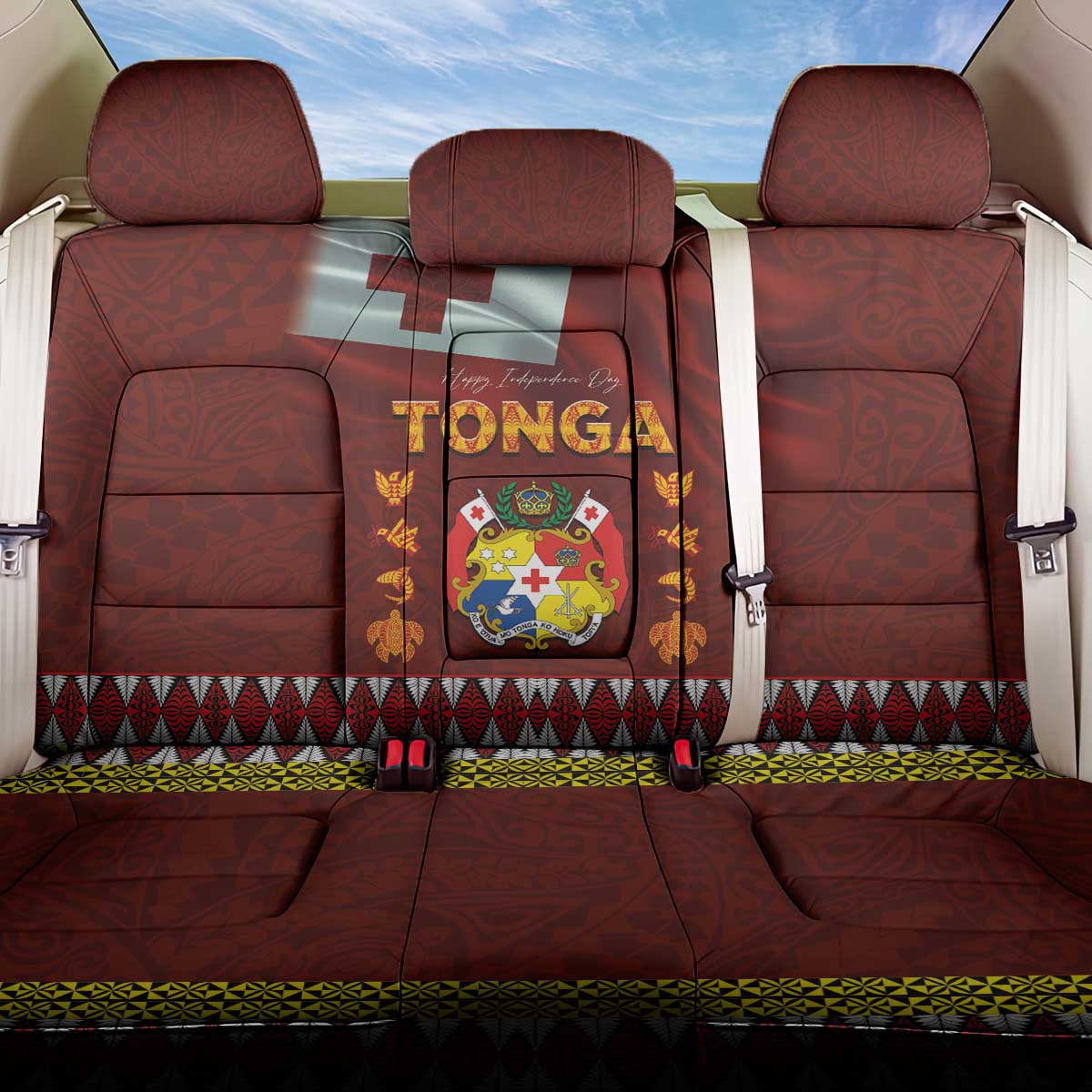 Tonga Independence Day Back Car Seat Cover National Flag and Emblem with Ngatu Art Pattern