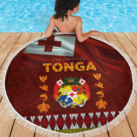 Tonga Independence Day Beach Blanket National Flag and Emblem with Ngatu Art Pattern