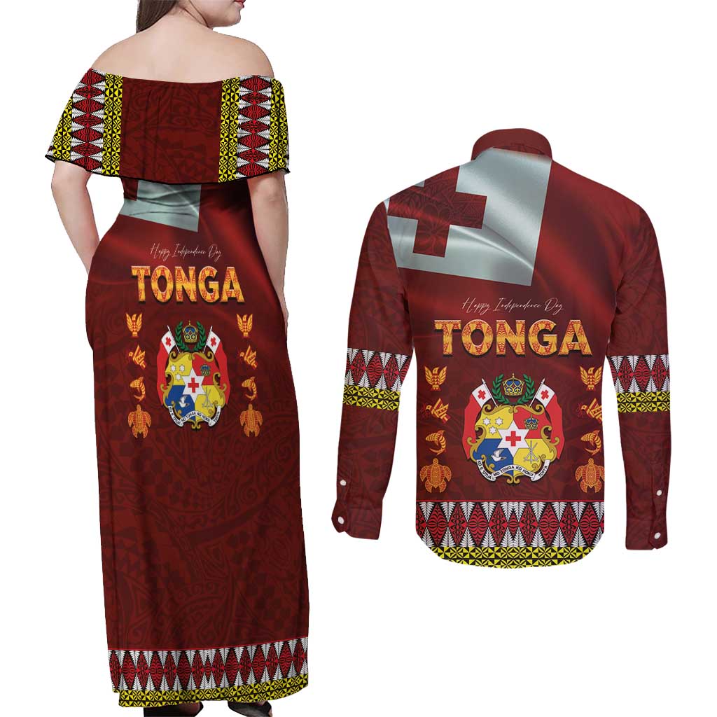 Tonga Independence Day Couples Matching Off Shoulder Maxi Dress and Long Sleeve Button Shirt National Flag and Emblem with Ngatu Art Pattern