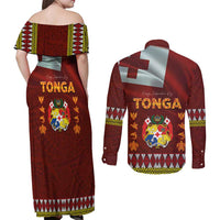 Tonga Independence Day Couples Matching Off Shoulder Maxi Dress and Long Sleeve Button Shirt National Flag and Emblem with Ngatu Art Pattern