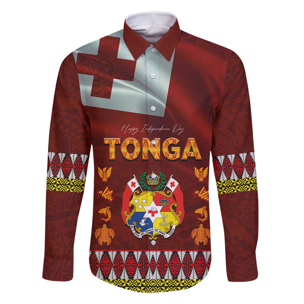 Tonga Independence Day Family Matching Long Sleeve Bodycon Dress and Hawaiian Shirt National Flag and Emblem with Ngatu Art Pattern LT03 Dad's Shirt - Long Sleeve Red - Polynesian Pride