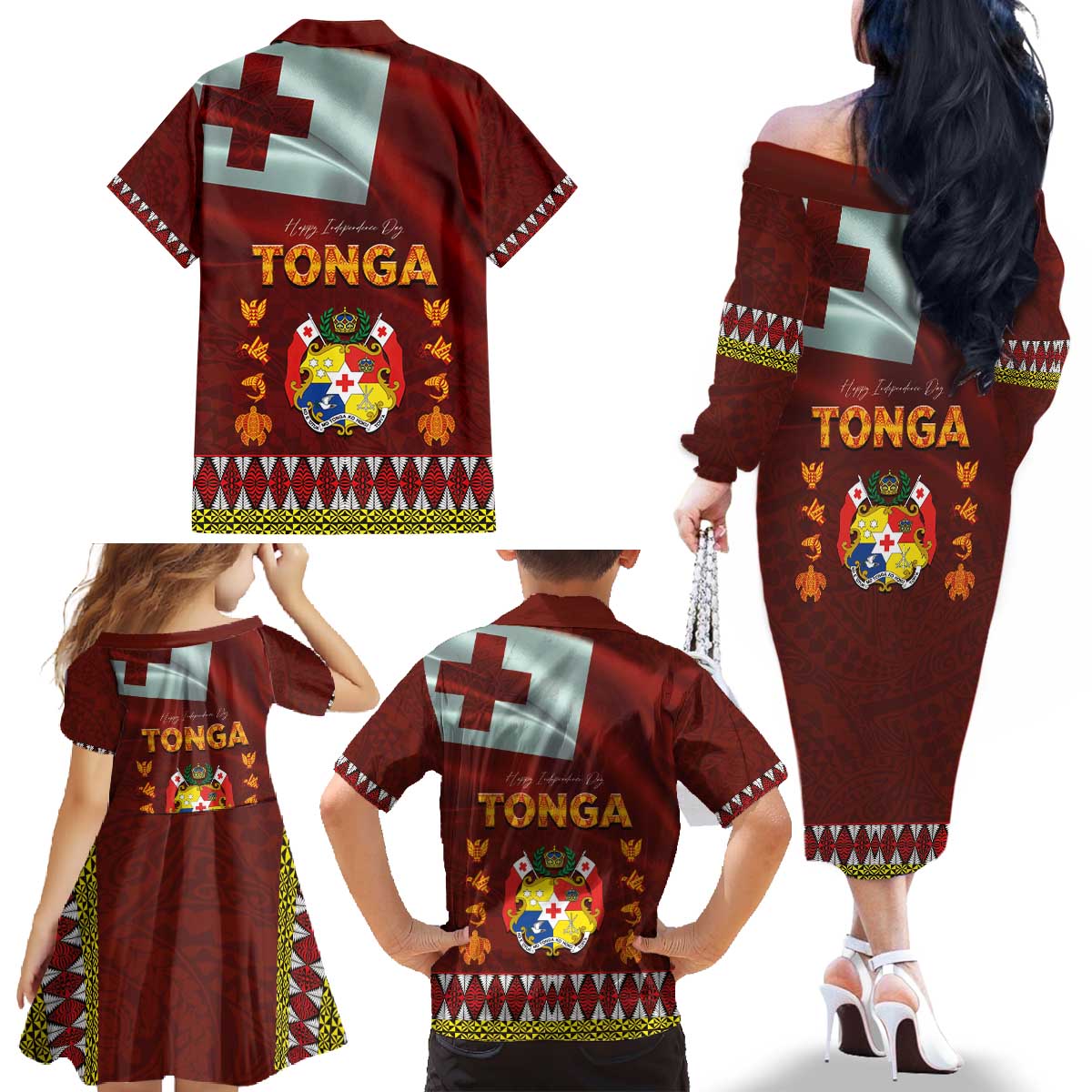 Tonga Independence Day Family Matching Off The Shoulder Long Sleeve Dress and Hawaiian Shirt National Flag and Emblem with Ngatu Art Pattern LT03 - Polynesian Pride
