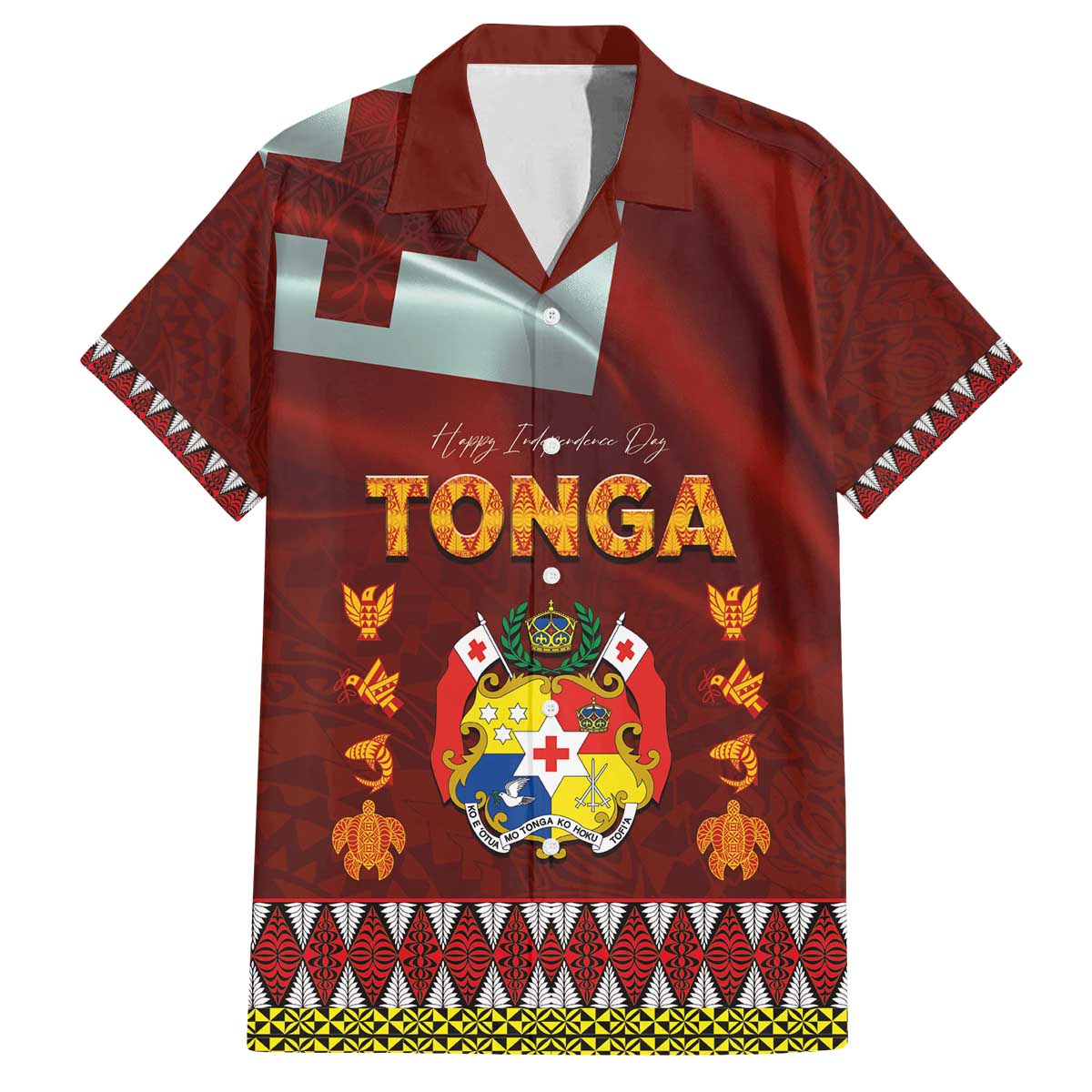 Tonga Independence Day Family Matching Off The Shoulder Long Sleeve Dress and Hawaiian Shirt National Flag and Emblem with Ngatu Art Pattern LT03 Dad's Shirt - Short Sleeve Red - Polynesian Pride