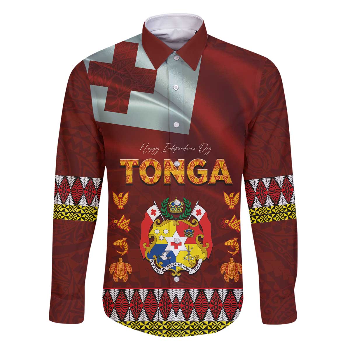 Tonga Independence Day Family Matching Off The Shoulder Long Sleeve Dress and Hawaiian Shirt National Flag and Emblem with Ngatu Art Pattern LT03 Dad's Shirt - Long Sleeve Red - Polynesian Pride