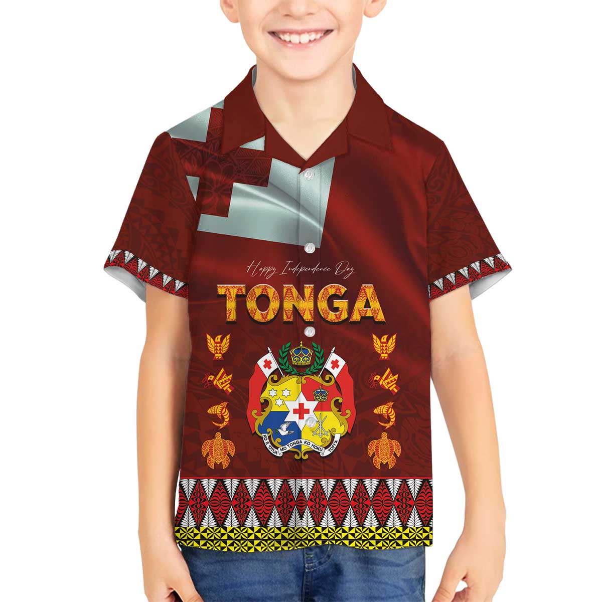 Tonga Independence Day Family Matching Off The Shoulder Long Sleeve Dress and Hawaiian Shirt National Flag and Emblem with Ngatu Art Pattern LT03 Son's Shirt Red - Polynesian Pride