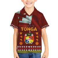 Tonga Independence Day Family Matching Off The Shoulder Long Sleeve Dress and Hawaiian Shirt National Flag and Emblem with Ngatu Art Pattern LT03 Son's Shirt Red - Polynesian Pride