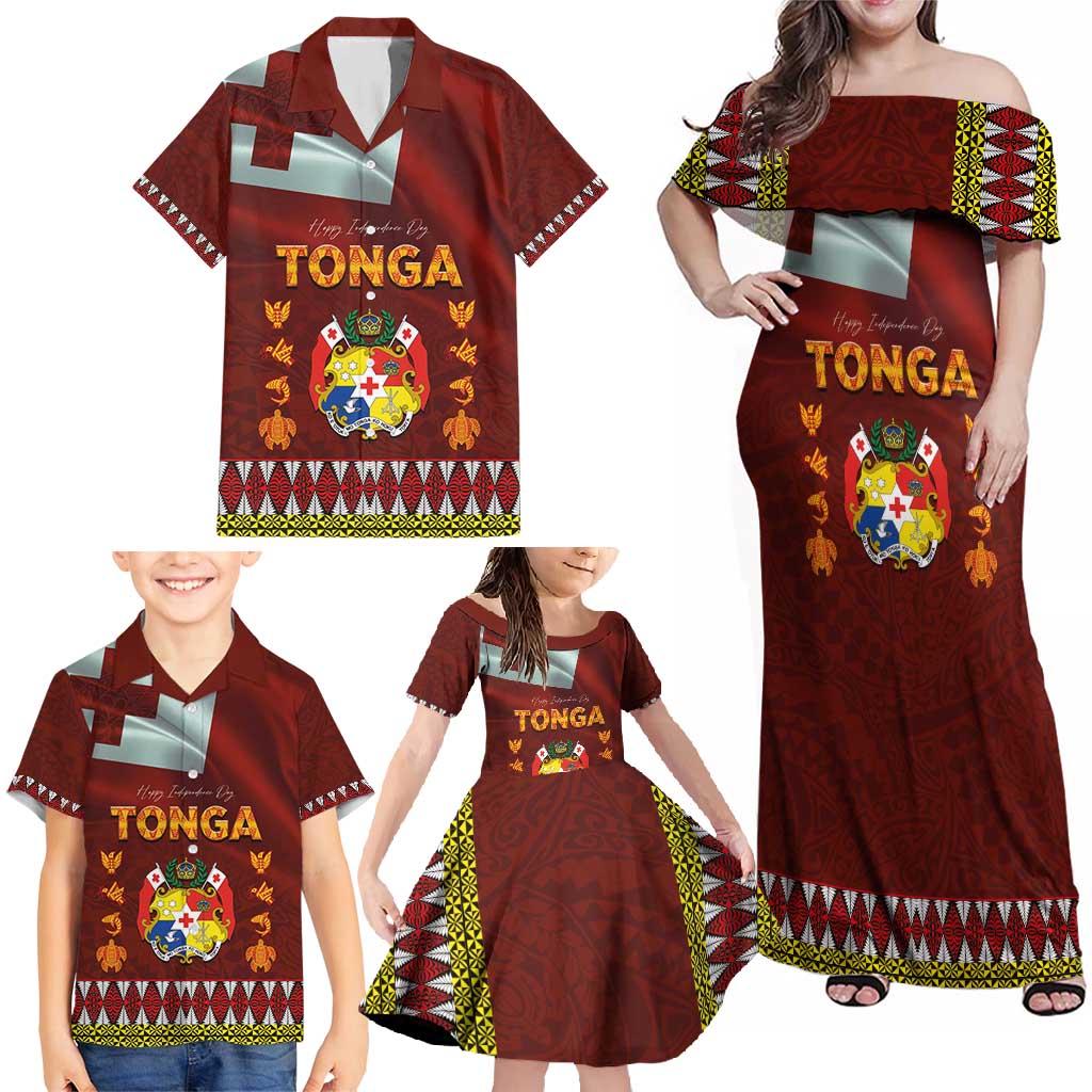 Tonga Independence Day Family Matching Off Shoulder Maxi Dress and Hawaiian Shirt National Flag and Emblem with Ngatu Art Pattern